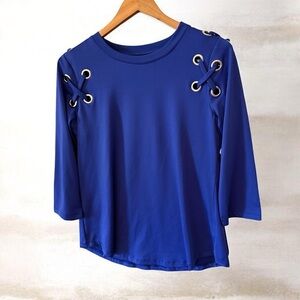 Women's Alison Andrews Blue Long Sleeve Tee with Lace-Up Detail, Size M